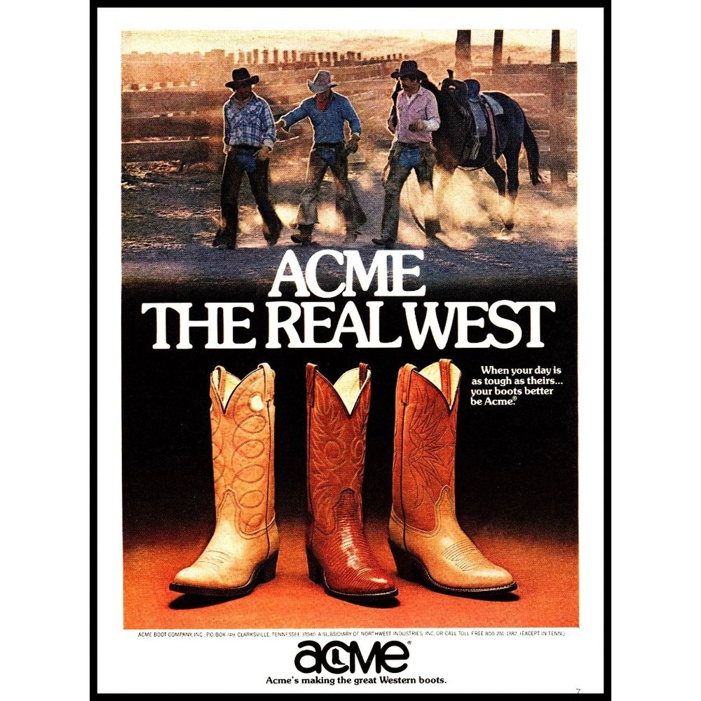 1981 Acme Western Boots Vintage Print Ad Cowboy Hat Horse Corral Wall Art Photo